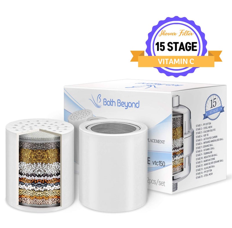 Bath Beyond 15-Stage Shower Filter Replacement Cartridge (Pack of 2) Shower Filter w/Vitamin C for Hard Water - Shower Water Filter Removes Chlorine Fluoride/Improves Condition of Your Skin, Hair - Image 2